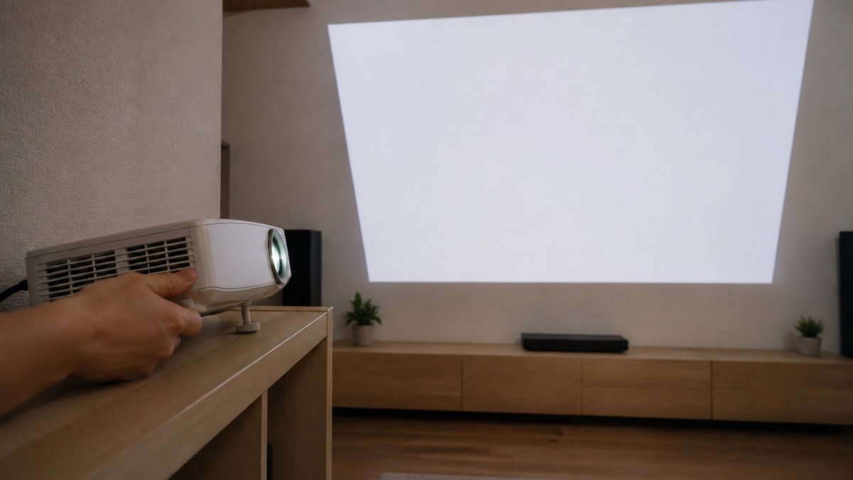 A home theater projector mounted on a wooden shelf in a living room, casting a slightly trapezoidal image onto a blank white wall, with a person's hand adjusting the projector angle