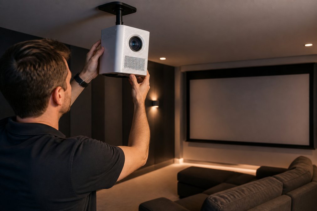 Professional home theater room with projector mounted on rotating stand angled toward wall screen, couch positioned below projection area, warm ambient lighting highlighting the setup geometry