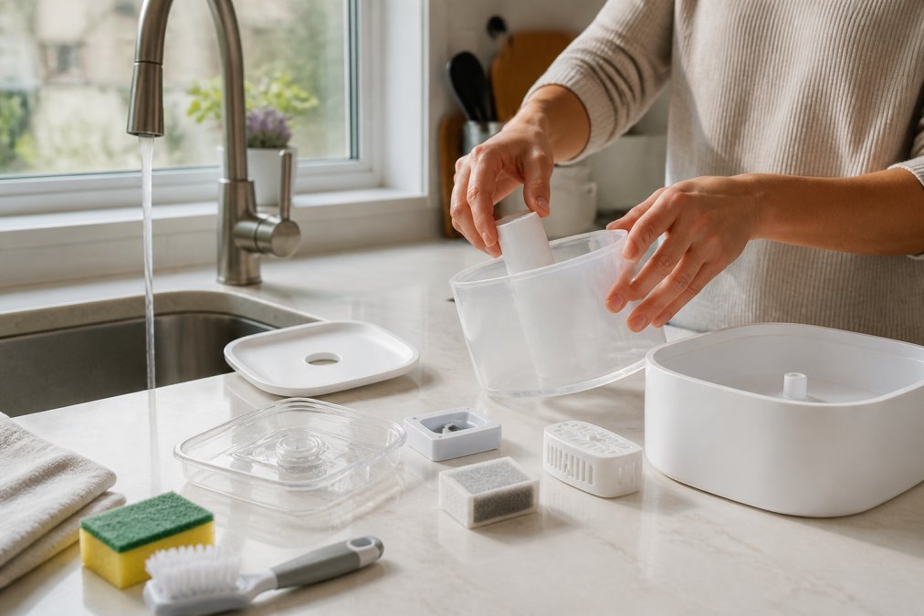 A pet owner's hands disassembling a plastic water fountain on a kitchen counter, with a soft brush, sponge and running tap water nearby, morning light through a window