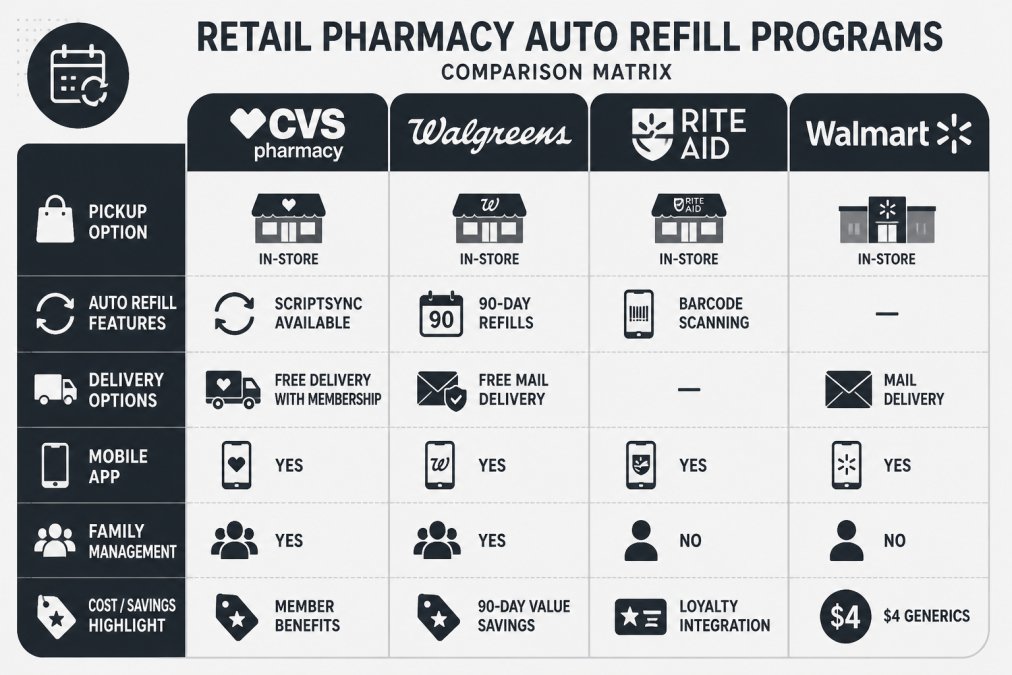 Comparison matrix of retail pharmacy auto refill programs showing: CVS ReadyFill (in-store pickup, ScriptSync available, free delivery with membership), Walgreens (90-day refills, free mail delivery, family management), Rite Aid (mobile app, barcode scanning, loyalty integration), Walmart (mail delivery, $4 generics, in-store pickup)