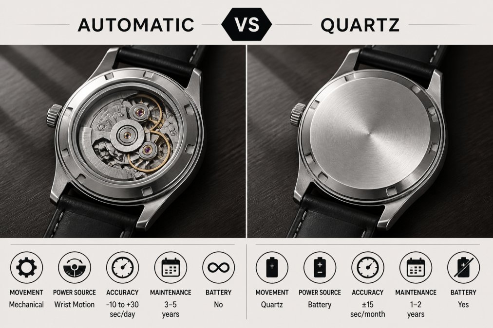 Close-up of two wristwatches side by side on a dark walnut surface, one with a visible exhibition caseback showing gears and one with a clean closed caseback, soft window light