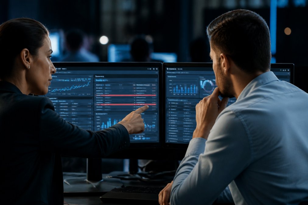 A compliance officer and an AI engineer reviewing real-time alert dashboards on dual monitors in a dim operations center, one pointing at a flagged transaction on screen