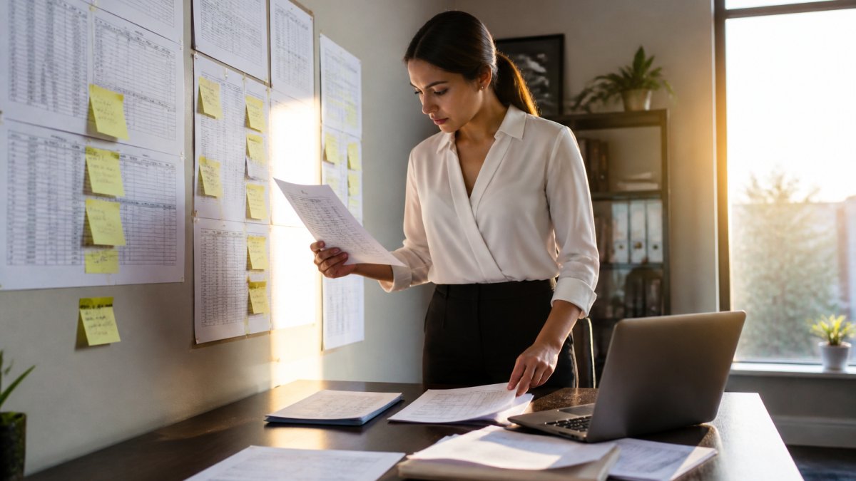 A property accountant at a desk reviewing bank statements and general ledger printouts beside a laptop showing accounting software, with sticky notes marking reconciliation steps on a nearby wall