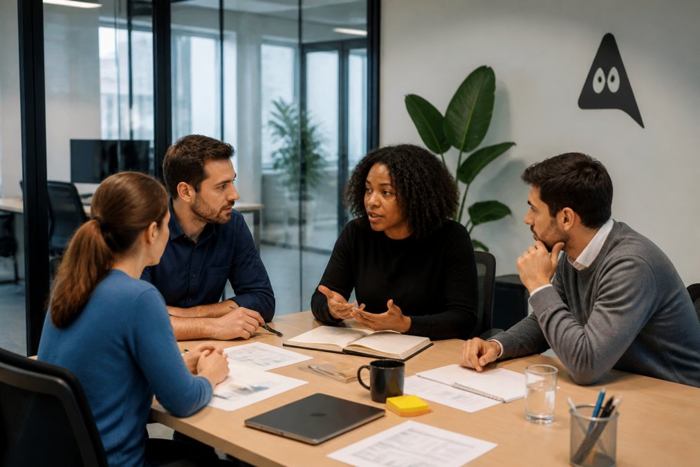Sales team reviewing lead data on computer screens in modern office, team members discussing strategy around desk with multiple monitors displaying prospect information and engagement metrics