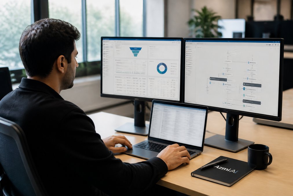IT professional working at desk with multiple monitors displaying CRM dashboards and workflow automation interfaces, hands on keyboard with data visualizations and lead routing rules visible on screens