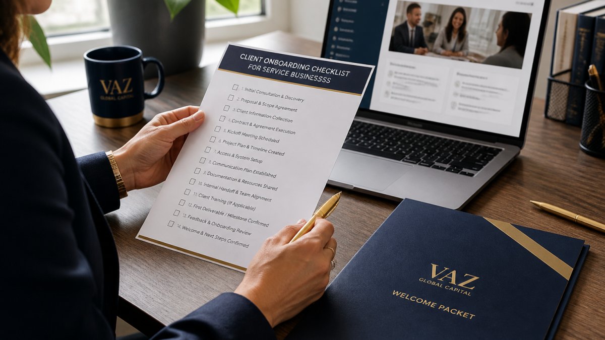 A service firm operations manager at a desk reviewing a printed onboarding checklist beside a laptop showing a client portal, with a client welcome packet and pen nearby in a bright office