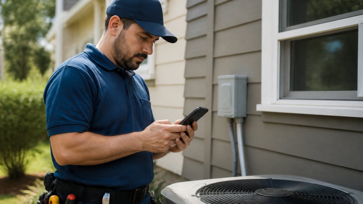 Service crew member in work uniform checking mobile device for automated job updates and customer messages while working on residential property exterior, natural daylight