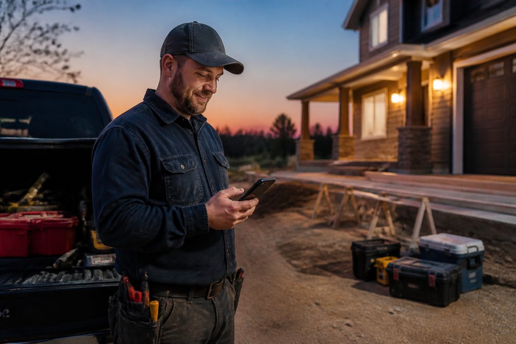 A contractor in a work truck at dusk checking a smartphone notification with a relieved smile, residential job site and tool boxes visible in the background
