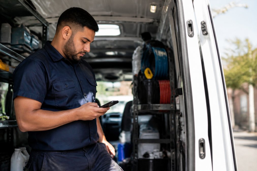 Plumber checking appointment reminders on mobile phone while standing in service van, natural daylight filtering through windows, looking at scheduled jobs on screen