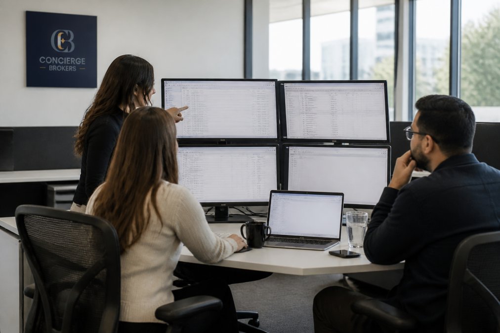 Professional services team reviewing automated workflow on multiple monitors displaying real-time data synchronization and dashboard metrics in a modern office environment with natural lighting