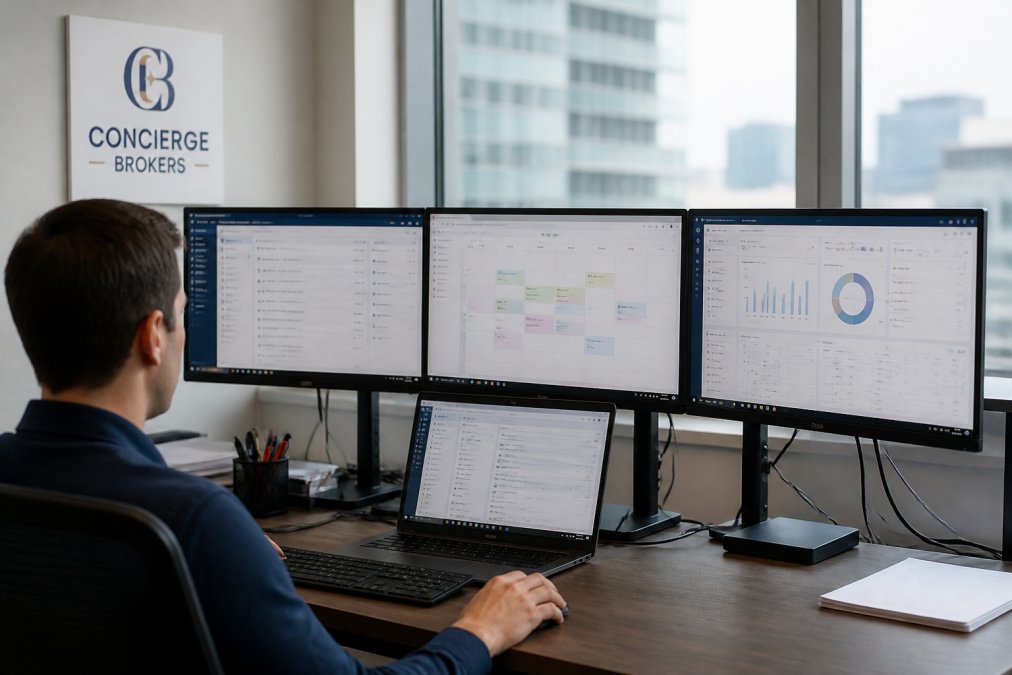 IT professional or systems administrator at desk with multiple monitors displaying connected software applications including CRM, scheduling system, and reporting dashboards with visible data flow indicators