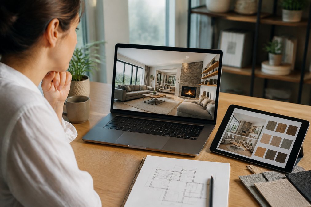 A homeowner sitting at a modern desk with a laptop, viewing a photorealistic 3D render of a living room on the screen, with a tablet showing design style options and a notepad with renovation sketches nearby