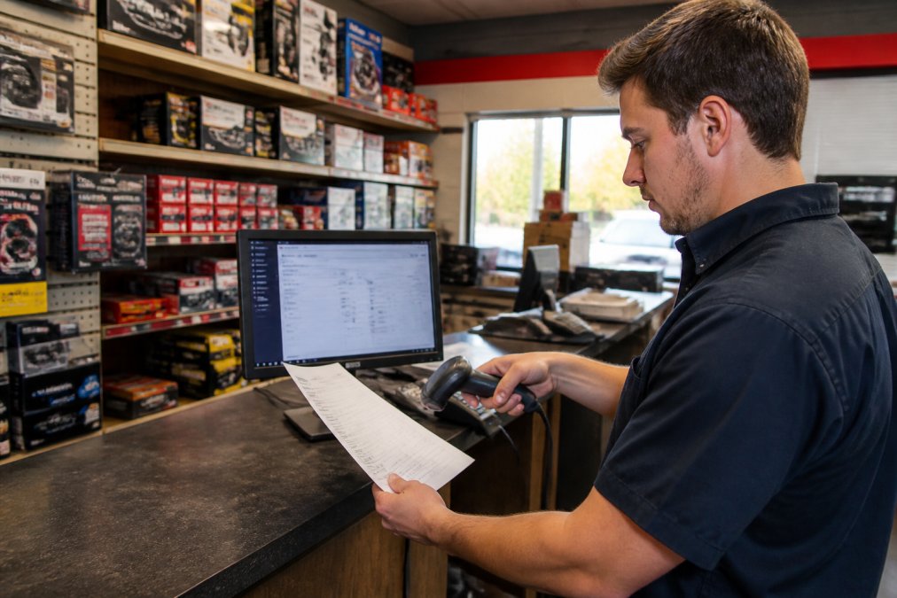 Auto parts shop employee scanning a paper invoice at a counter with a computer screen showing invoice processing software in the background, warm overhead lighting illuminating organized shelving of parts boxes behind the counter