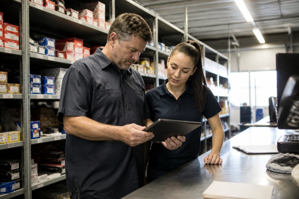 Shop manager and staff member reviewing a workflow checklist together on a tablet in a well-lit automotive parts storeroom, shelves of organized parts visible in the background, natural overhead lighting