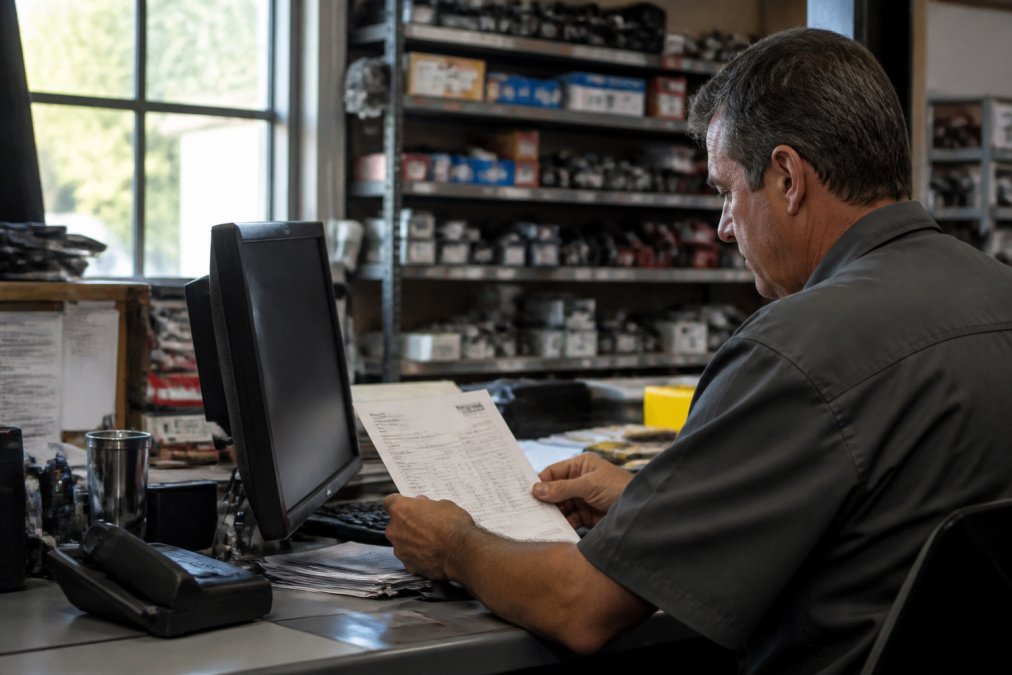 Service writer at a repair shop workstation reviewing an invoice on a computer screen, with parts inventory shelves visible in the background, natural daylight from windows illuminating the workspace