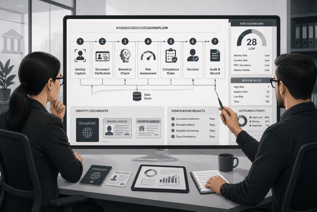 A compliance officer and an AI engineer reviewing a workflow diagram on a large monitor in a modern financial institution office, with identity documents and risk dashboards visible on screen