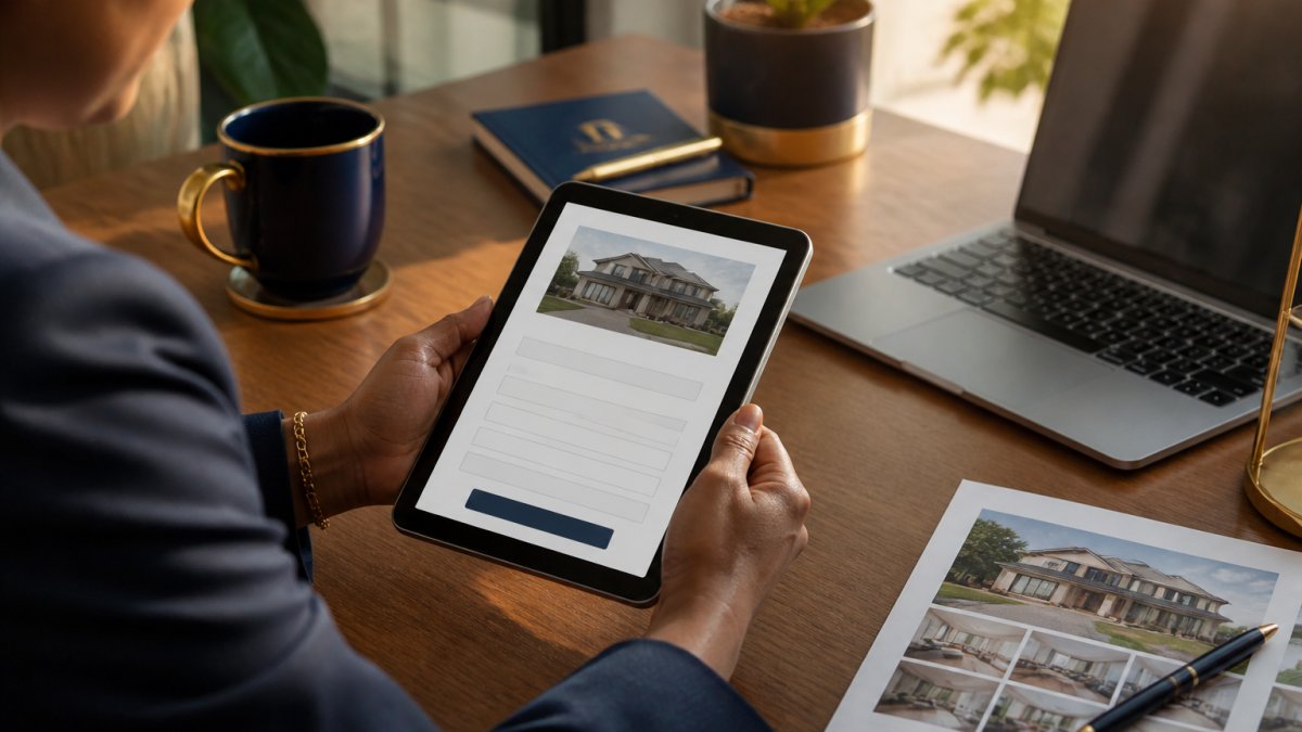 A real estate agent at a tidy desk reviewing a tablet showing a short property inquiry form, with a laptop and printed listing sheets nearby