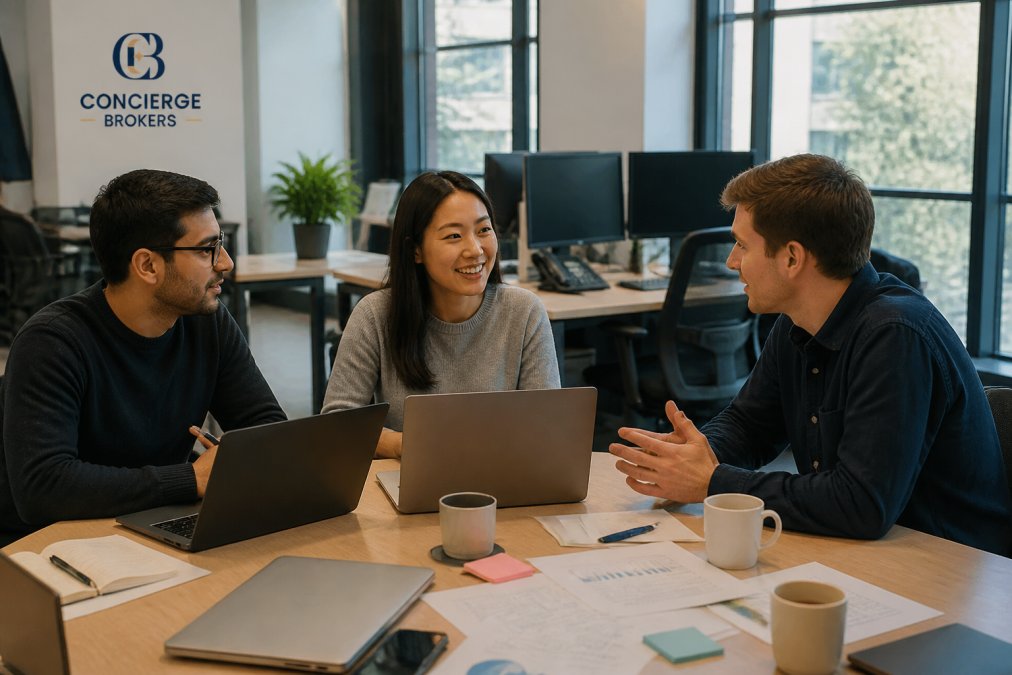 Marketing team collaborating at desks with multiple monitors displaying CRM dashboards, email platforms, and analytics tools, reviewing automated workflow configurations in a bright, modern office