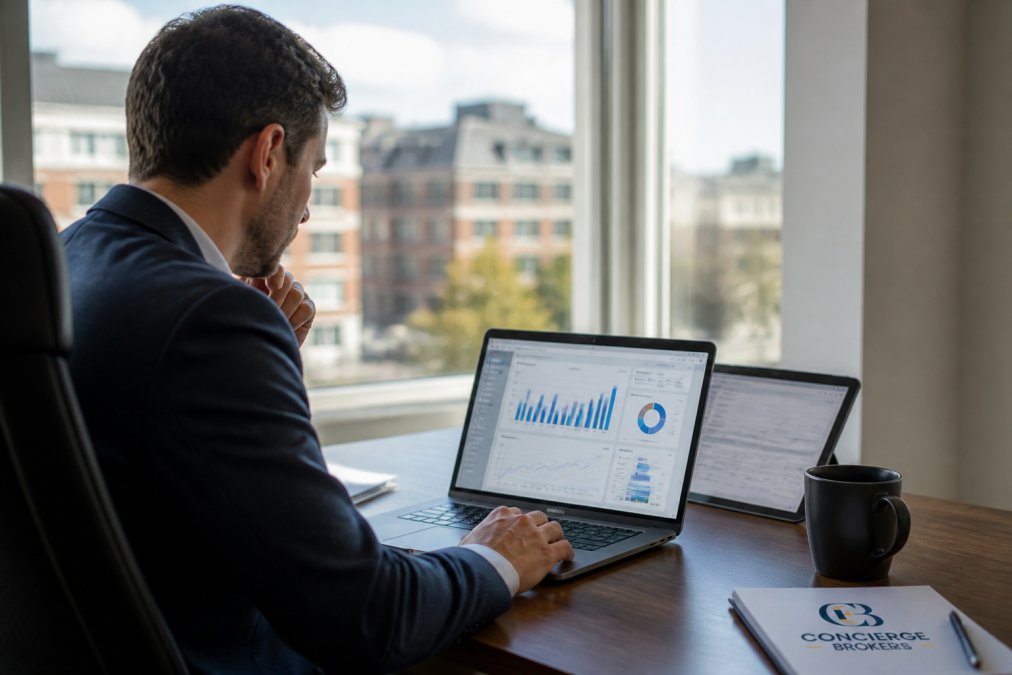 Business professional reviewing performance dashboard on laptop screen displaying automated data entry metrics, conversion rates, and ROI calculations in a professional office setting with natural window lighting