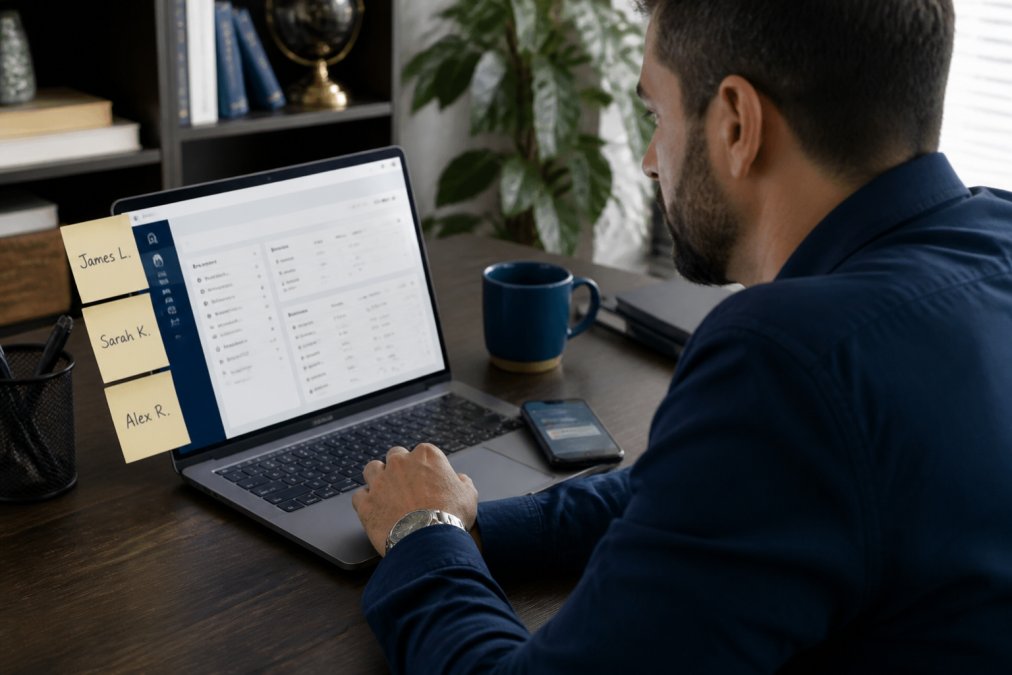 A small business owner at a desk with a laptop showing a CRM dashboard, sticky notes with lead names on the monitor edge, phone nearby showing a notification