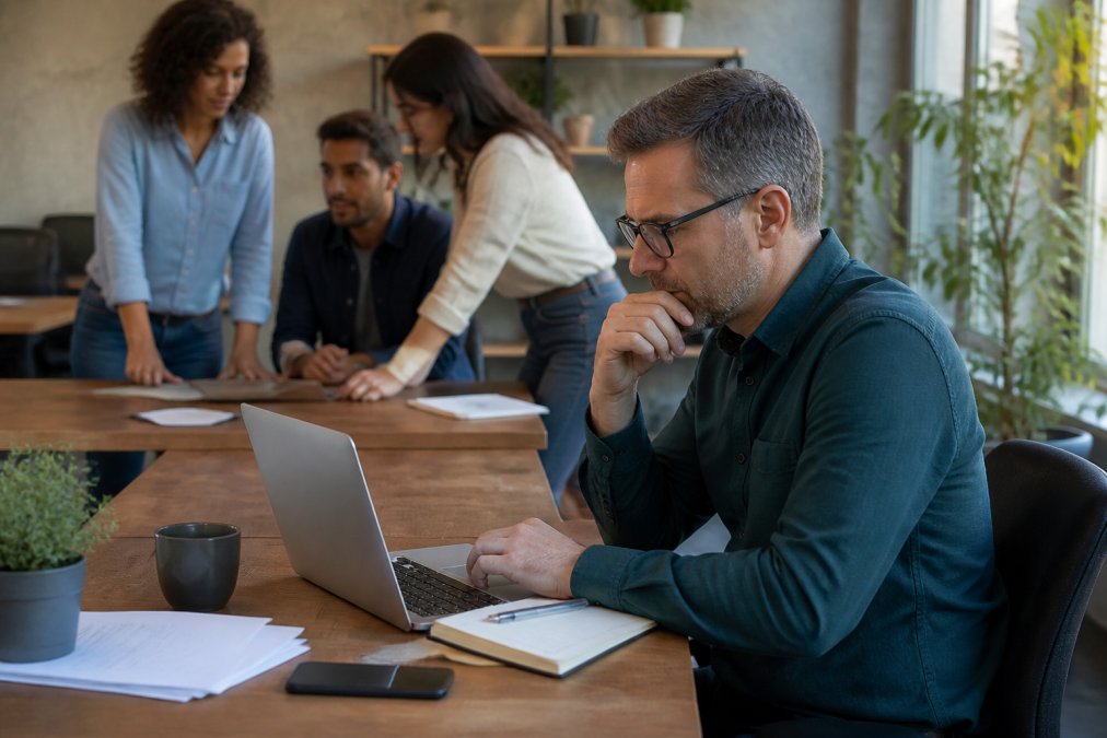 Project manager reviewing an AI-generated schedule on laptop with team members collaborating in background of modern office with natural lighting
