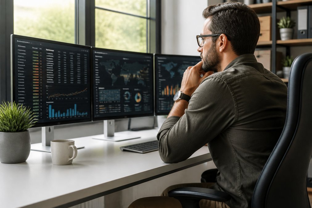 Retail operations manager reviewing system dashboards on multiple monitors displaying real-time inventory levels, sales data, and order status in a modern office environment with natural window lighting