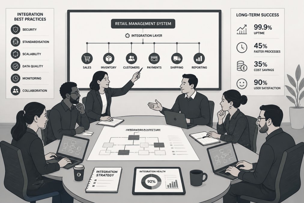 Diverse team of retail operations staff and IT professionals collaborating around a modern conference table, reviewing system architecture diagrams and discussing integration strategies with laptops and documentation visible