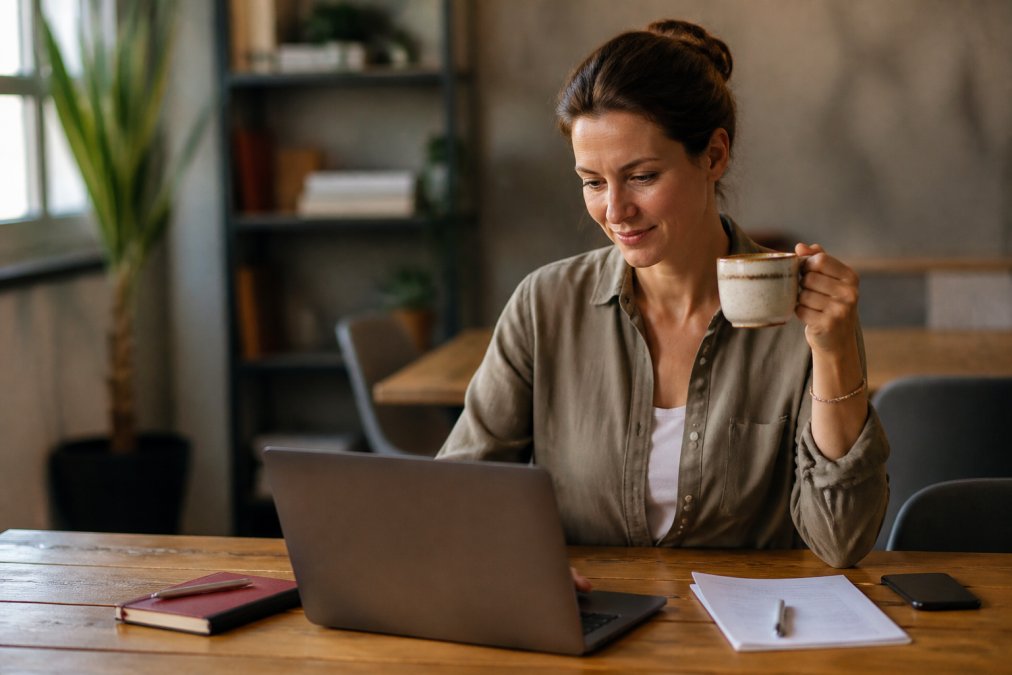 Coach indépendant travaillant sur son ordinateur portable avec un café, consultant son CRM avec des données clients organisées à l'écran et des graphiques de suivi