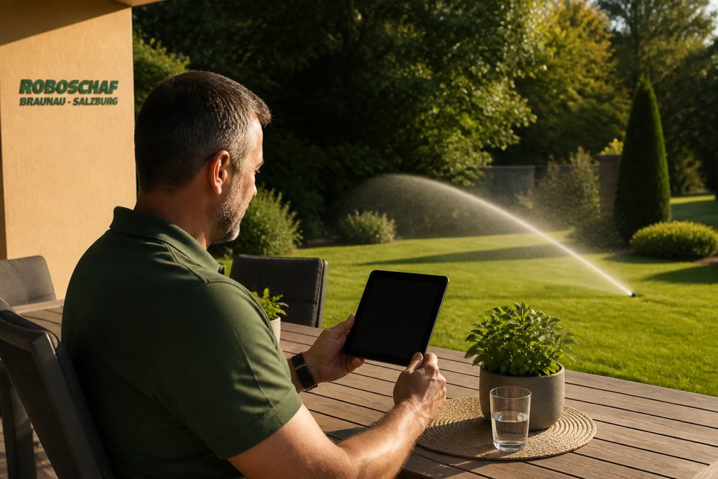 Hausbesitzer bedient auf einer Terrasse ein Tablet mit Bewässerungs-App, im Hintergrund laufender Versenkregner auf gepflegtem Rasen, warmes Nachmittagslicht
