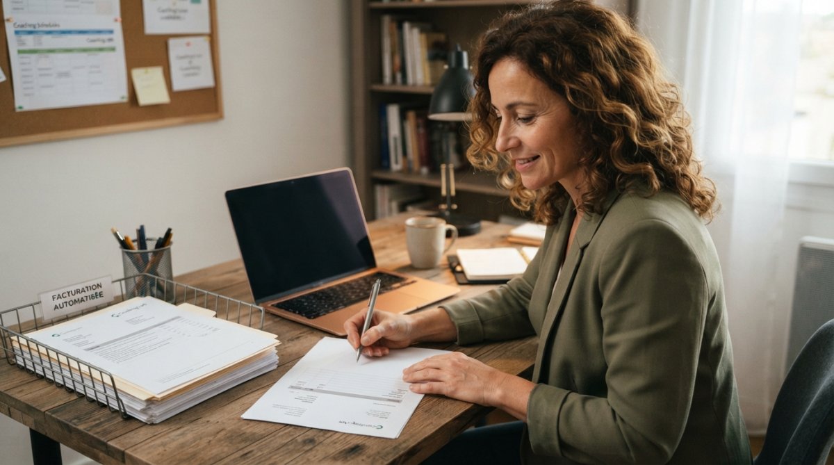Coach indépendant travaillant sur son ordinateur portable avec des notes de session et une facture visible à l'écran, environnement de bureau professionnel avec lumière naturelle