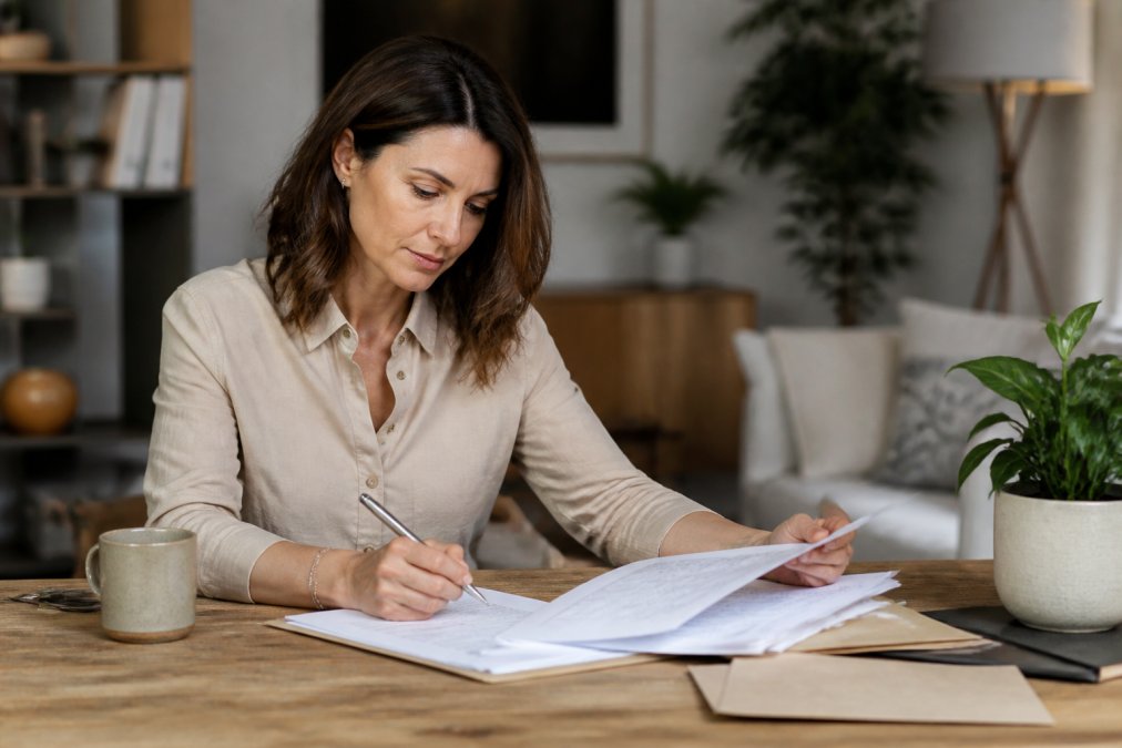 Coach indépendant travaillant sur un ordinateur portable dans un espace de travail moderne et organisé, avec des documents de facturation et un café à proximité