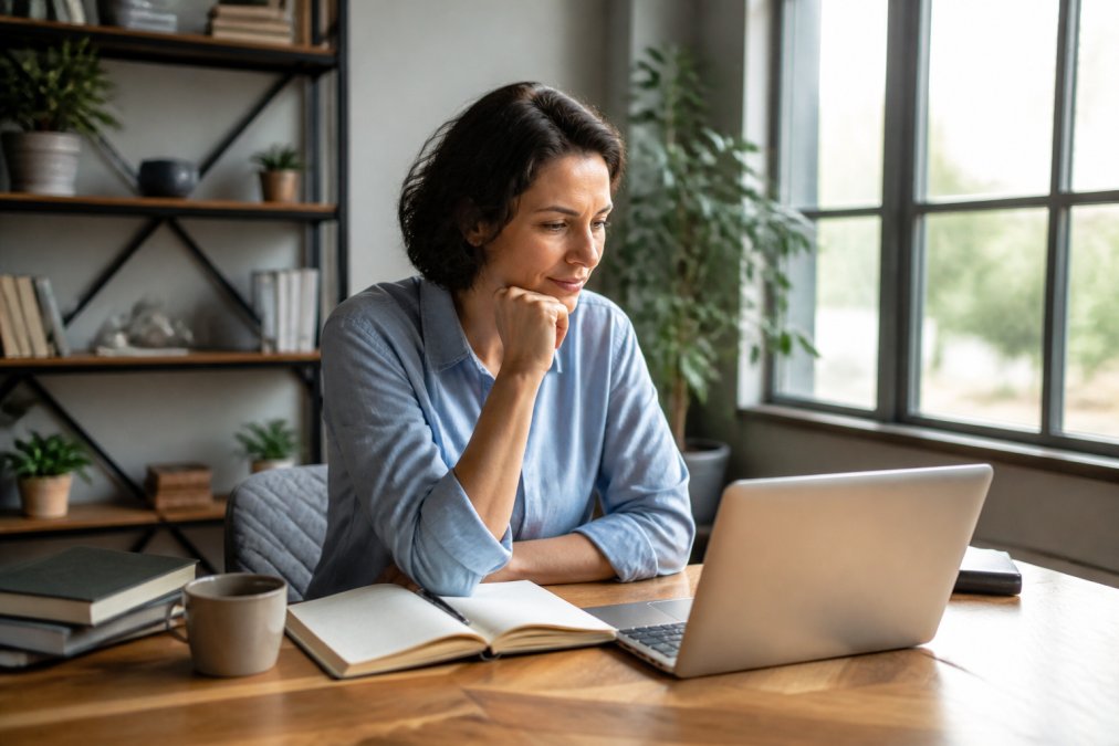 Une coach dans un bureau moderne examine un diagramme de tunnel de vente sur son ordinateur portable, un carnet de notes et une tasse de café à proximité, lumière naturelle traversant la fenêtre