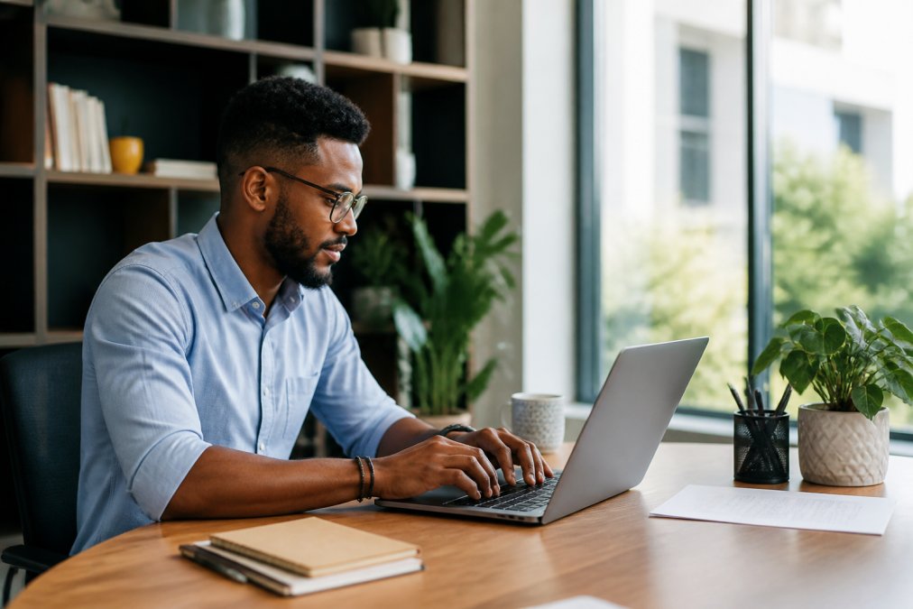 Formateur travaillant sur un ordinateur portable dans un environnement de bureau moderne, configurant des workflows pédagogiques avec des interfaces de plateforme visibles à l'écran, sous une lumière naturelle