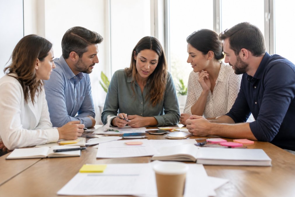 Équipe de formateurs collaborant autour d'une table, discutant de stratégie pédagogique et de nouveaux outils, avec des notes et des documents visibles, dans un environnement lumineux