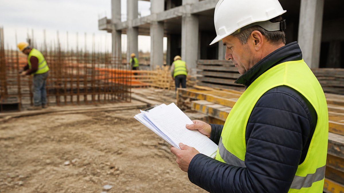 Bouwvoorman controleert veiligheidsdocumenten op een tablet voor de automatisering bouwbedrijf veiligheidsdocumenten