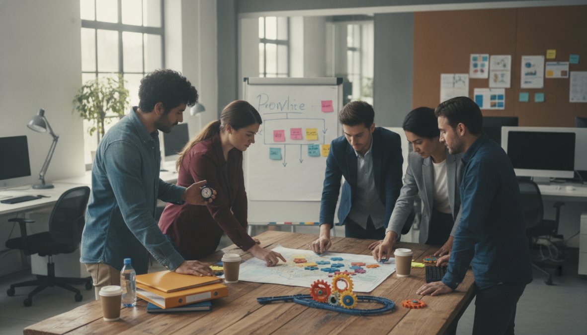 Equipo de profesionales de marketing analizando pantallas con flujos de trabajo automatizados y dashboards de captación de leads en una oficina moderna con luz natural