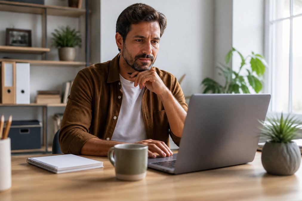 Propietario de pequeña empresa sentado ante un escritorio revisando analítica de marketing en un portátil, con una libreta y café cerca, en una oficina doméstica bien iluminada con luz natural