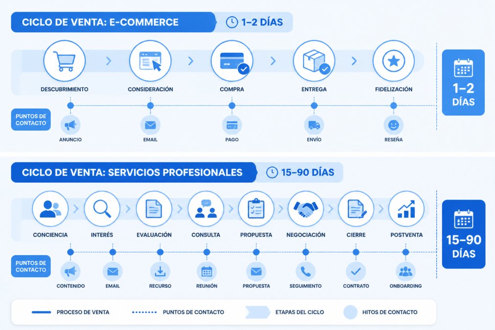 Diagrama comparativo: ciclo de venta de e-commerce (1-2 días) frente a ciclo de venta de servicios profesionales (15-90 días), con hitos de contacto en cada etapa