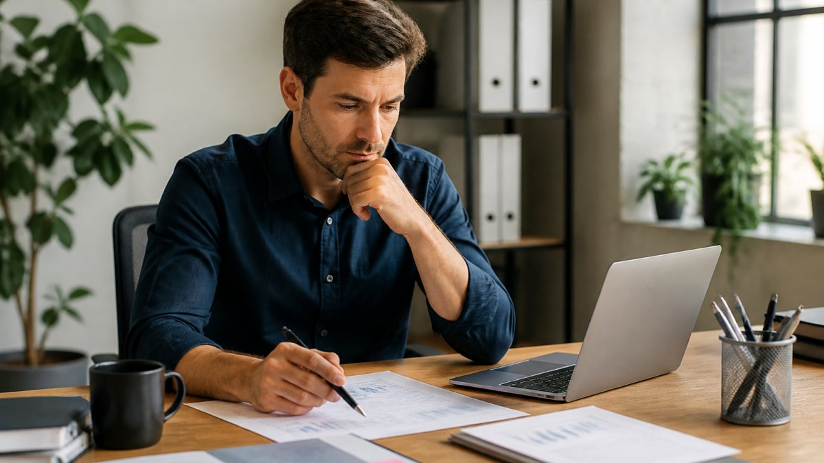 Emprendedor analizando datos en pantallas para decidir sobre automatización de marketing vs contratación de personal