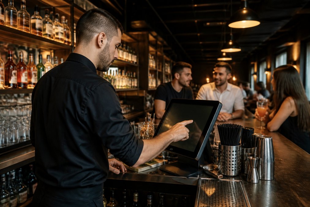 Camarero en la barra del bar actualizando precios dinámicamente en una pantalla táctil moderna mientras prepara bebidas, con clientes al fondo en ambiente cálido de establecimiento