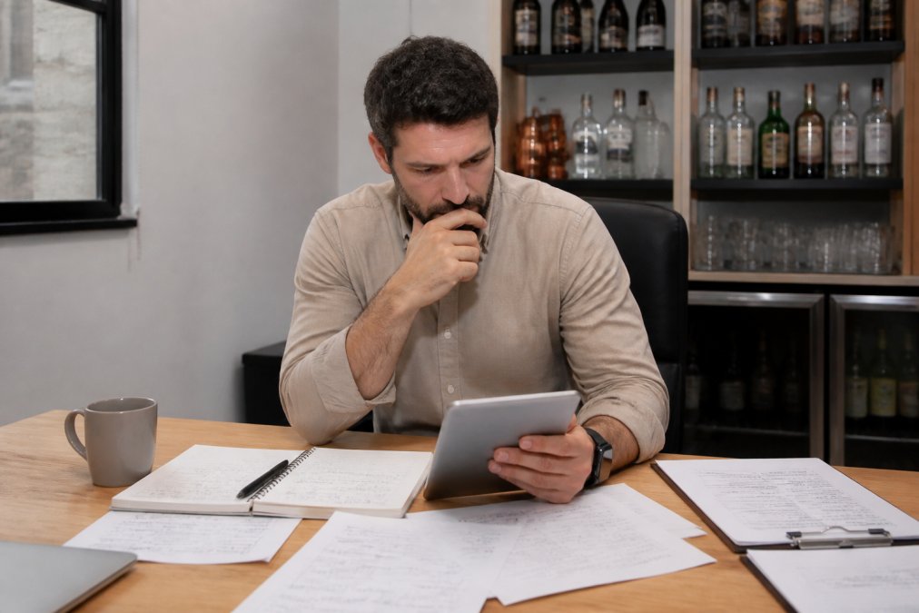 Propietario de bar analizando reportes de ventas y márgenes en una tablet sobre escritorio de oficina, con notas sobre análisis de rentabilidad esparcidas alrededor