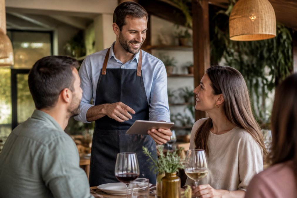 Dueño de restaurante sonriente usando una tablet para mostrar un menú digital a sus comensales en un local moderno