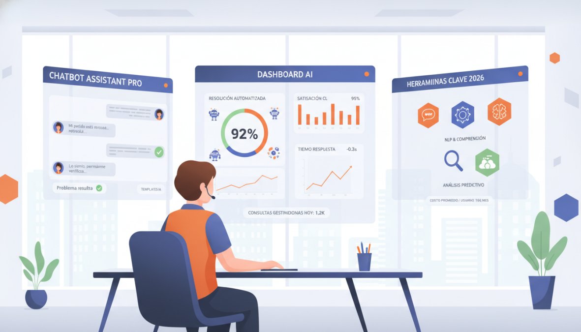 Profesional de atención al cliente trabajando en un escritorio moderno con múltiples pantallas que muestran interfaces de chat en vivo y paneles de análisis de IA, en una oficina luminosa y contemporánea