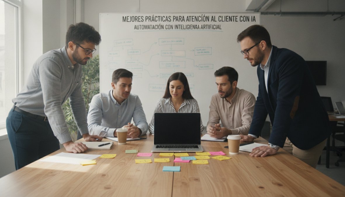 Equipo de trabajo diverso reunido alrededor de un portátil revisando una estrategia de flujo de trabajo digital, con notas adhesivas y una pizarra visible en un espacio de trabajo colaborativo bien iluminado