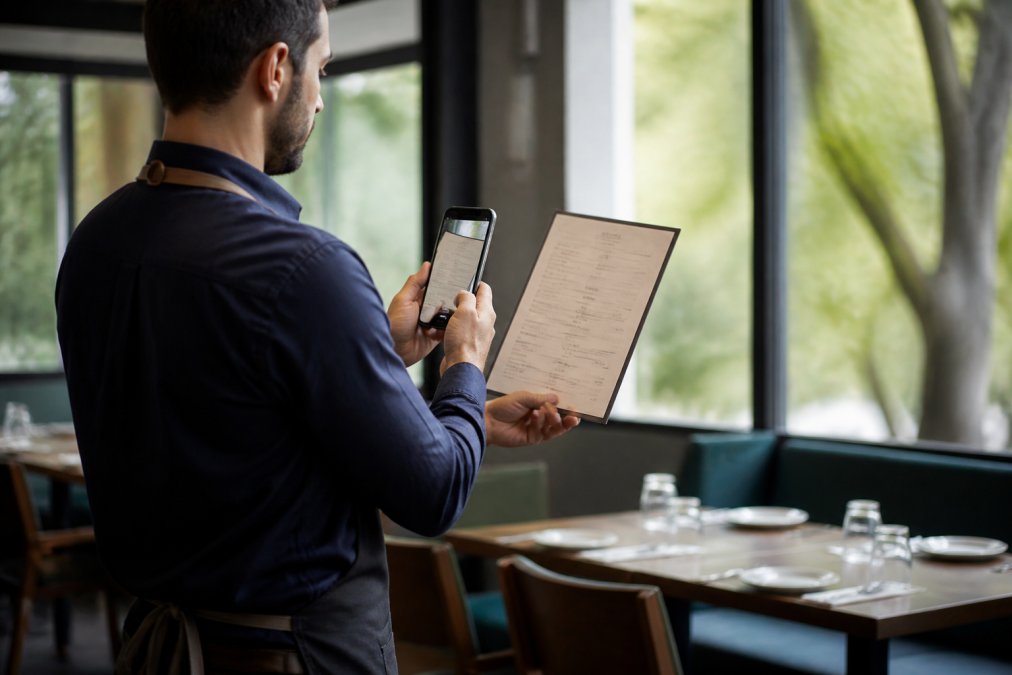 Dueño de restaurante sosteniendo su menú impreso en papel mientras lo fotografía con un smartphone moderno en el comedor del establecimiento, luz natural entrando por las ventanas
