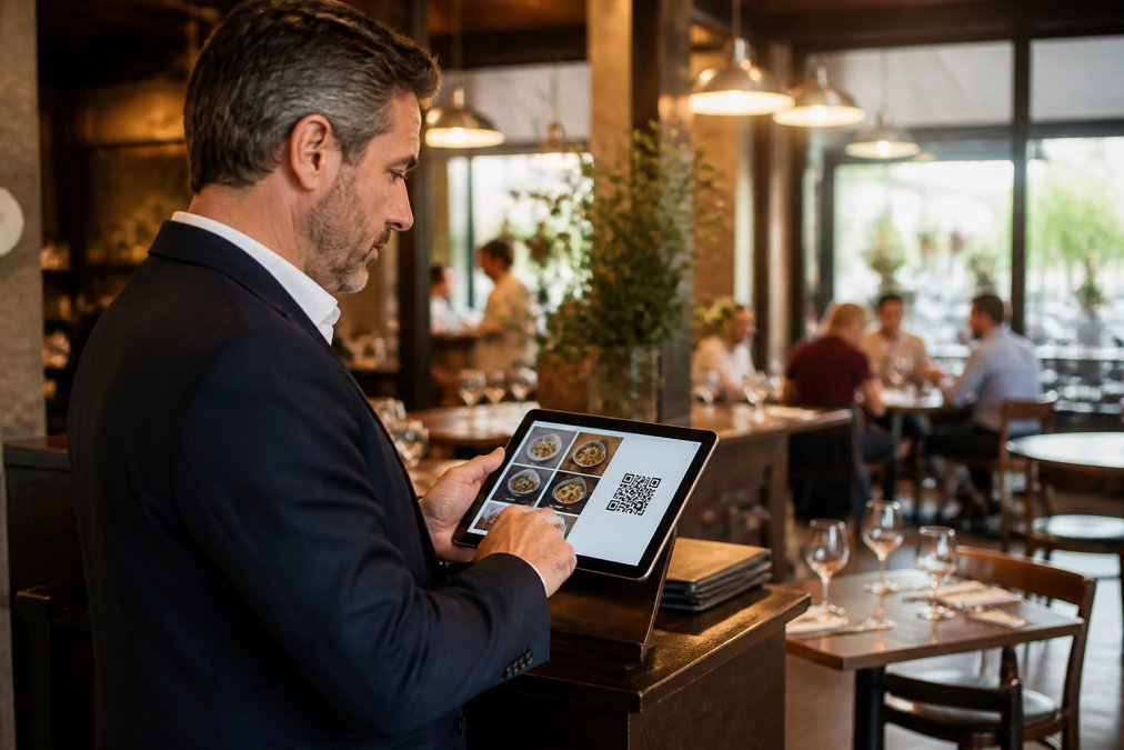 Gerente de restaurante usando una tablet para revisar y actualizar el menú digital en tiempo real, con código QR visible en la pantalla y el comedor del restaurante de fondo