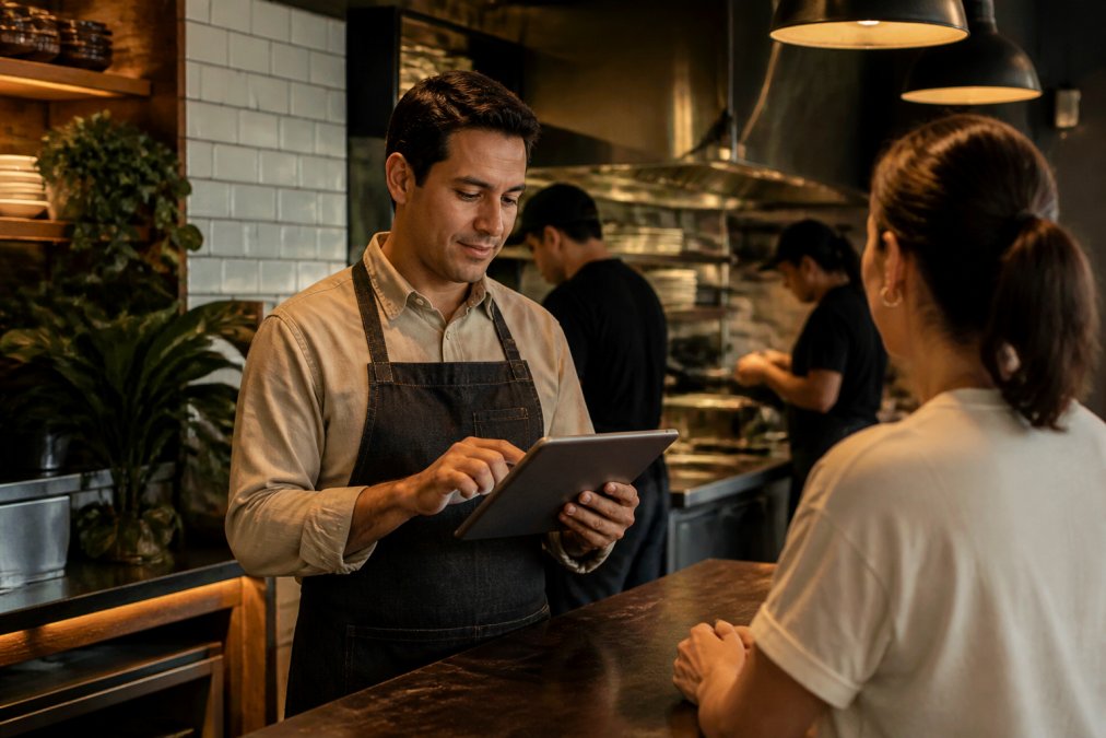 Gerente de restaurante usando una tablet para actualizar precios en tiempo real mientras atiende el mostrador, con menú digital visible en pantalla de fondo