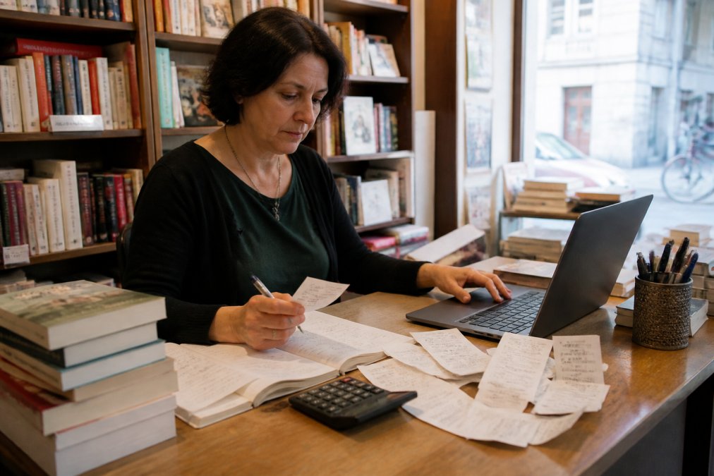 Una libraia al bancone con ricevute cartacee sparse e un computer portatile aperto, espressione concentrata, luce naturale dalla vetrina