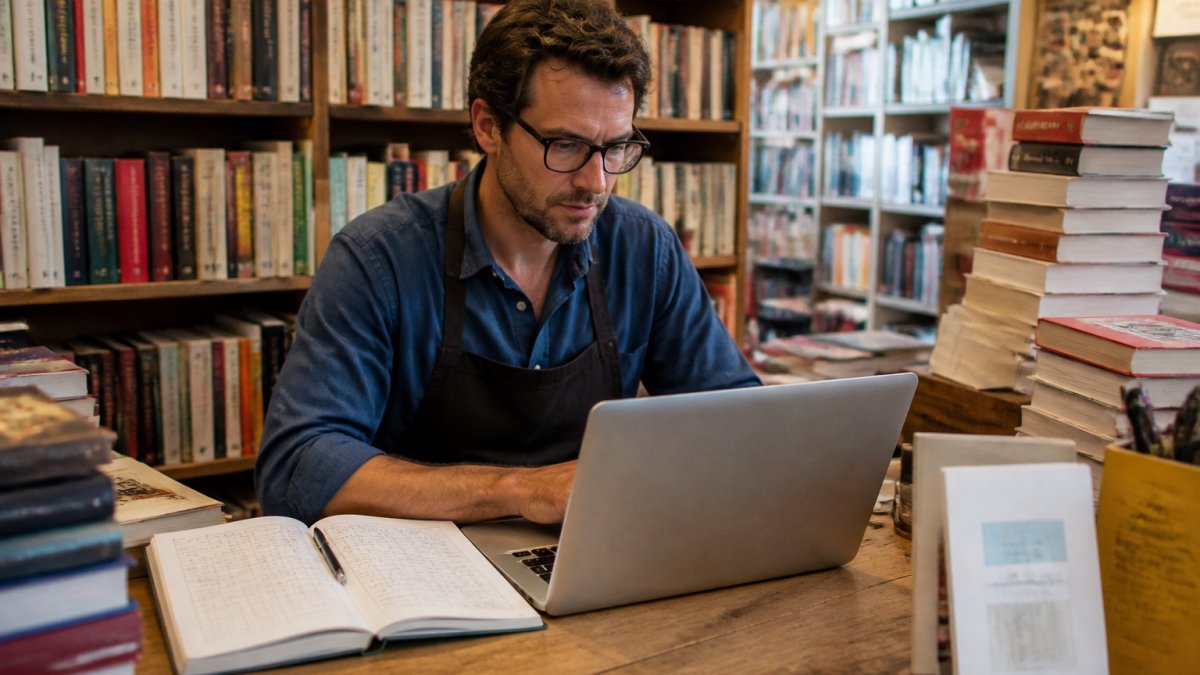 Libraio indipendente seduto al bancone di una libreria di quartiere che controlla su un portatile l'elenco degli ordini ai fornitori, con scaffali pieni di libri sullo sfondo e un registro cartaceo accanto