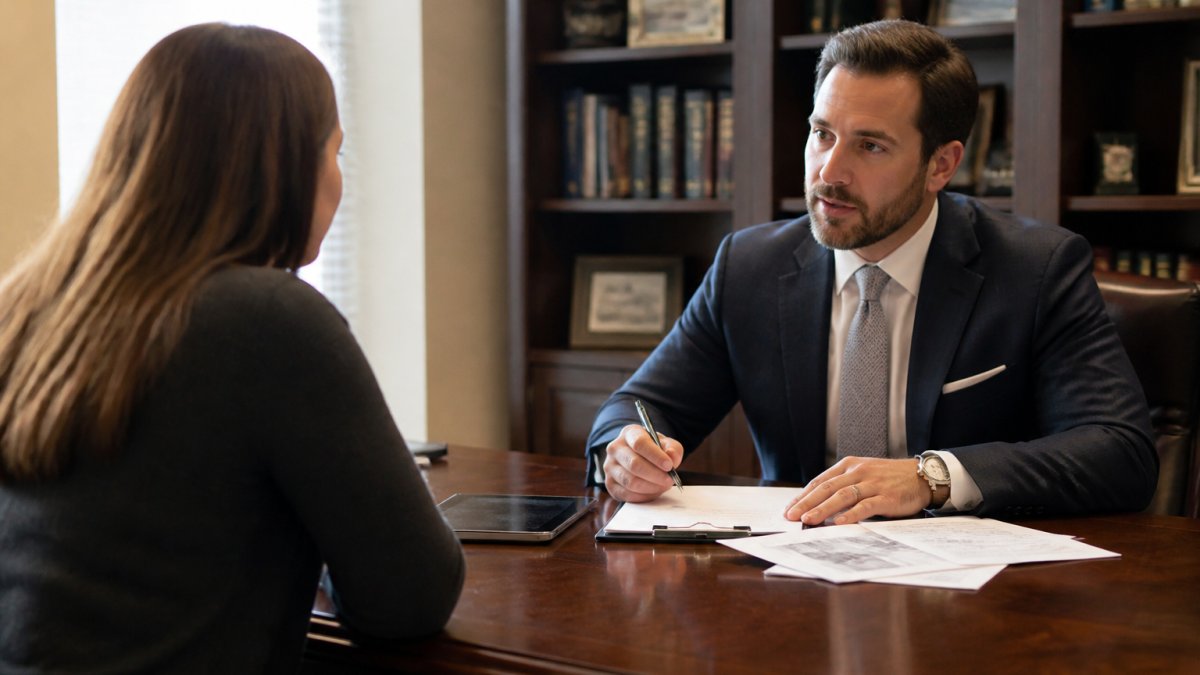 Professional attorney meeting with client across desk in modern law office, both seated with documents and tablet visible, warm lighting suggesting consultative environment